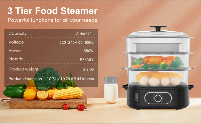12L 850W Transparent Food Steamer Cooker with Timer Auto Switch off