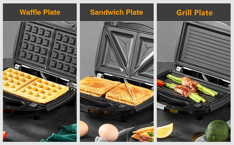 3 in 1 Non Stick Removeable Breakfast Maker Grill with Stainless Panel for Making Sandwich Waffle BBQ