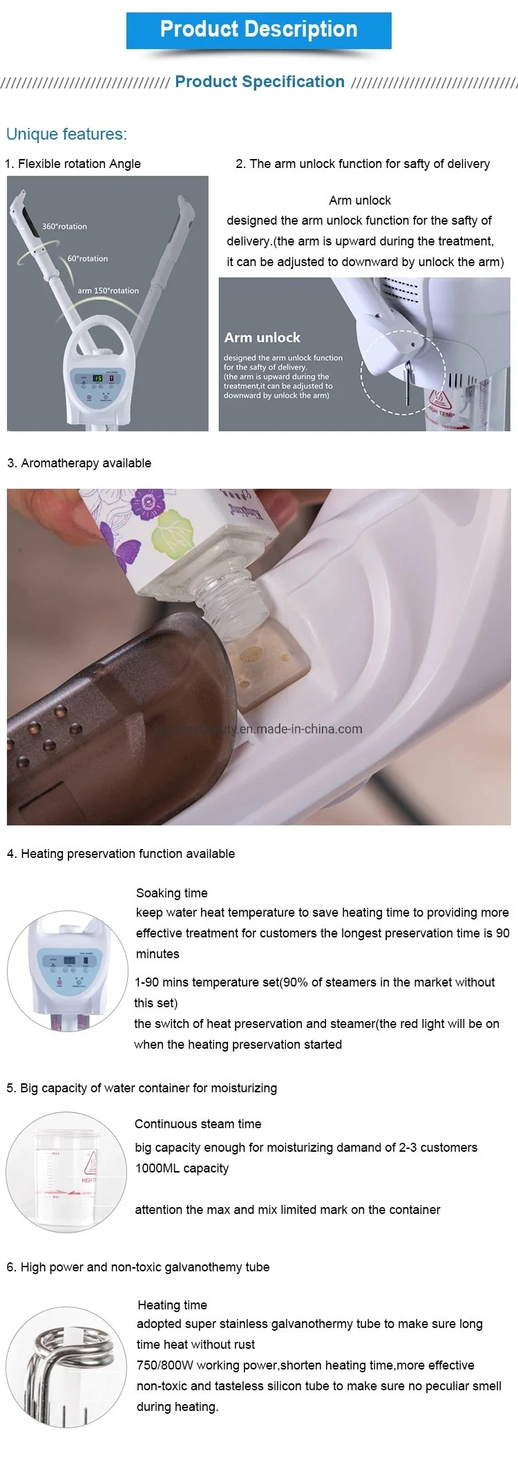 Professional Beauty Machine Facial Steamer with Flexible Rotation Angle Thermionic Spray Ozone