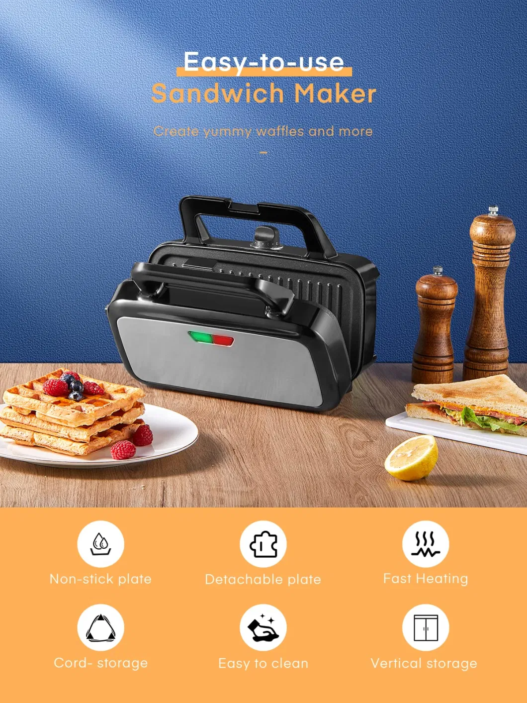 Indicator Lights Interchangeable Non-Stick Panini Press Removable Plates Waffle Sandwich Maker