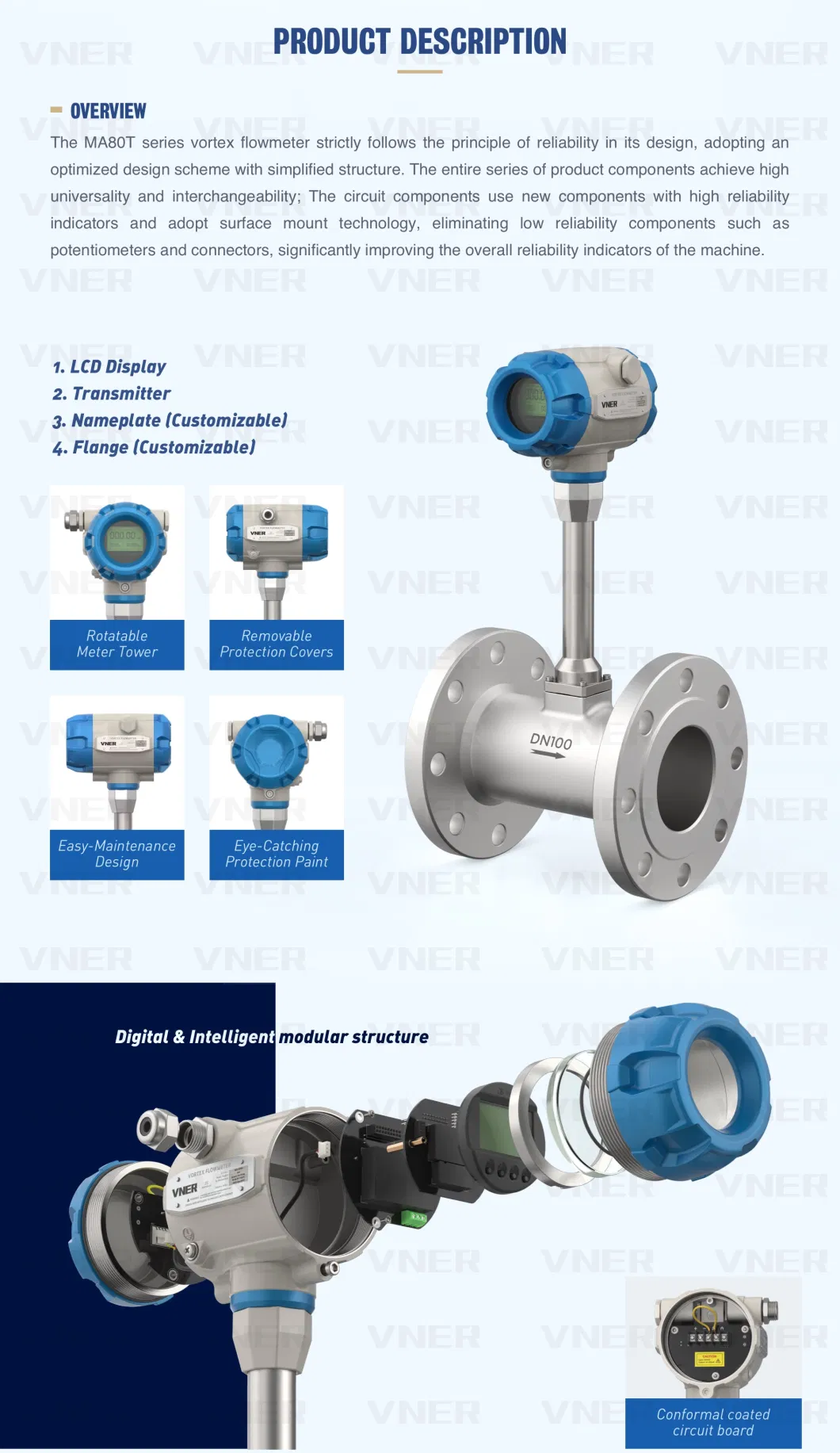 Cost-Efficient High-Accuracy Vortex Flow Meter, Specialized in Clean Gas/Steam/Liquids Measurement, Customized Materials