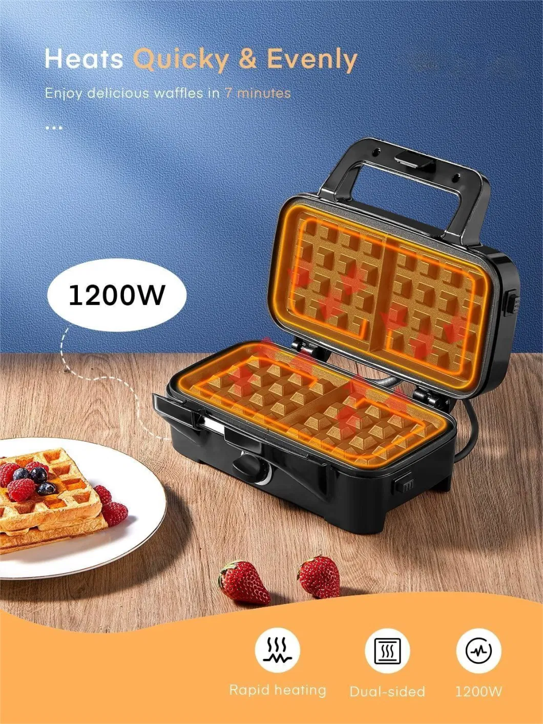 Indicator Lights Interchangeable Non-Stick Panini Press Removable Plates Waffle Sandwich Maker