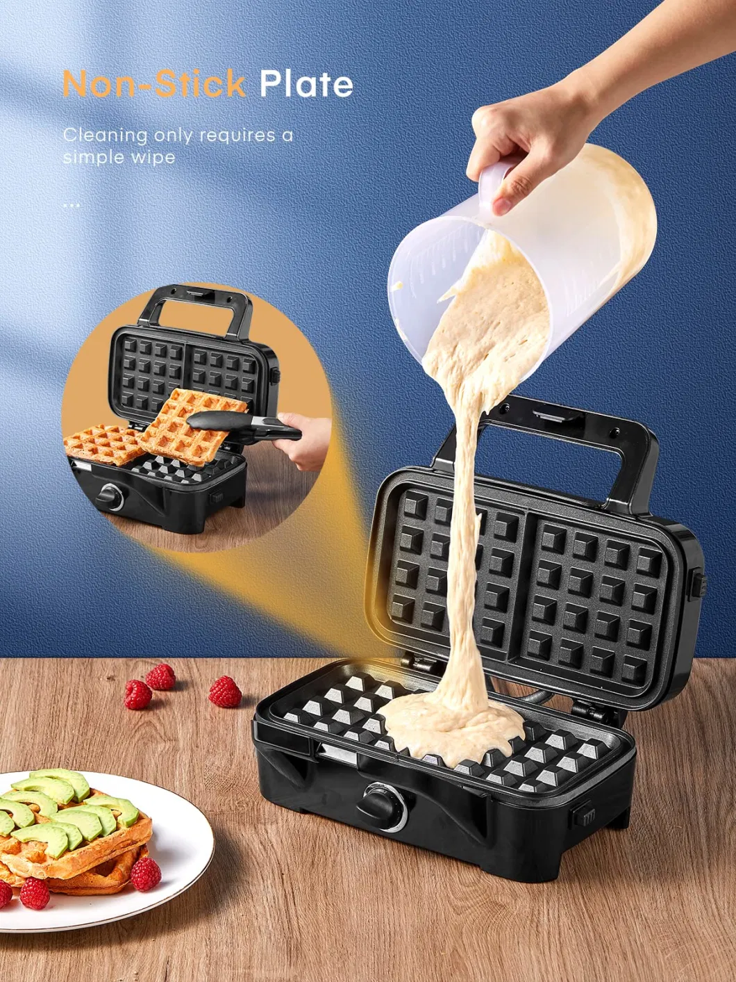 Indicator Lights Interchangeable Non-Stick Panini Press Removable Plates Waffle Sandwich Maker