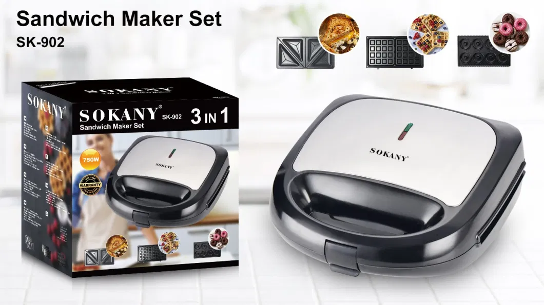 Stainless Steel Decoration 3 in 1 New Design Double Sided Heating LED Indicator Lights Sandwich Waffle Maker