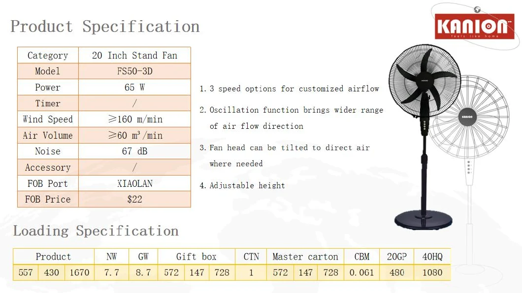 Adjustable Height 65W 20 Inch Stand Fan