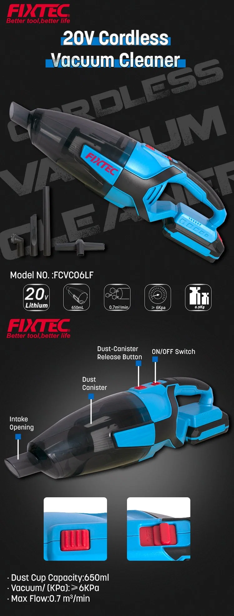 Fixtec 20V 650ml Cordless Industrial Car Vacuum Cleaner Portable