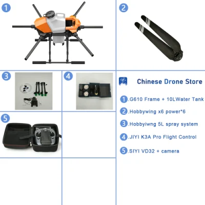 Eft G610 10L Six-Axis 10kg de pulverización agrícola Drone1460mm Distancia entre ejes de la bomba de agua sin escobillas con Hobbywing X6 Kit de sistema de alimentación
