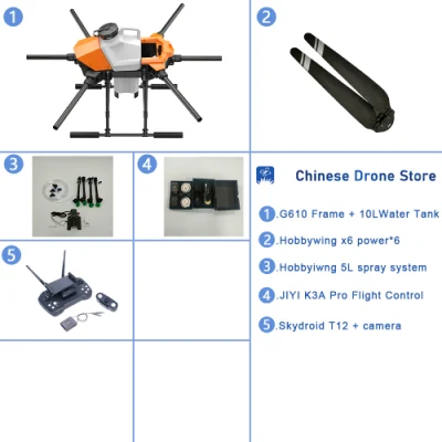 Eft G610 10L Six-Axis 10kg de pulverización agrícola Drone1460mm Distancia entre ejes de la bomba de agua sin escobillas con Hobbywing X6 Kit de sistema de alimentación