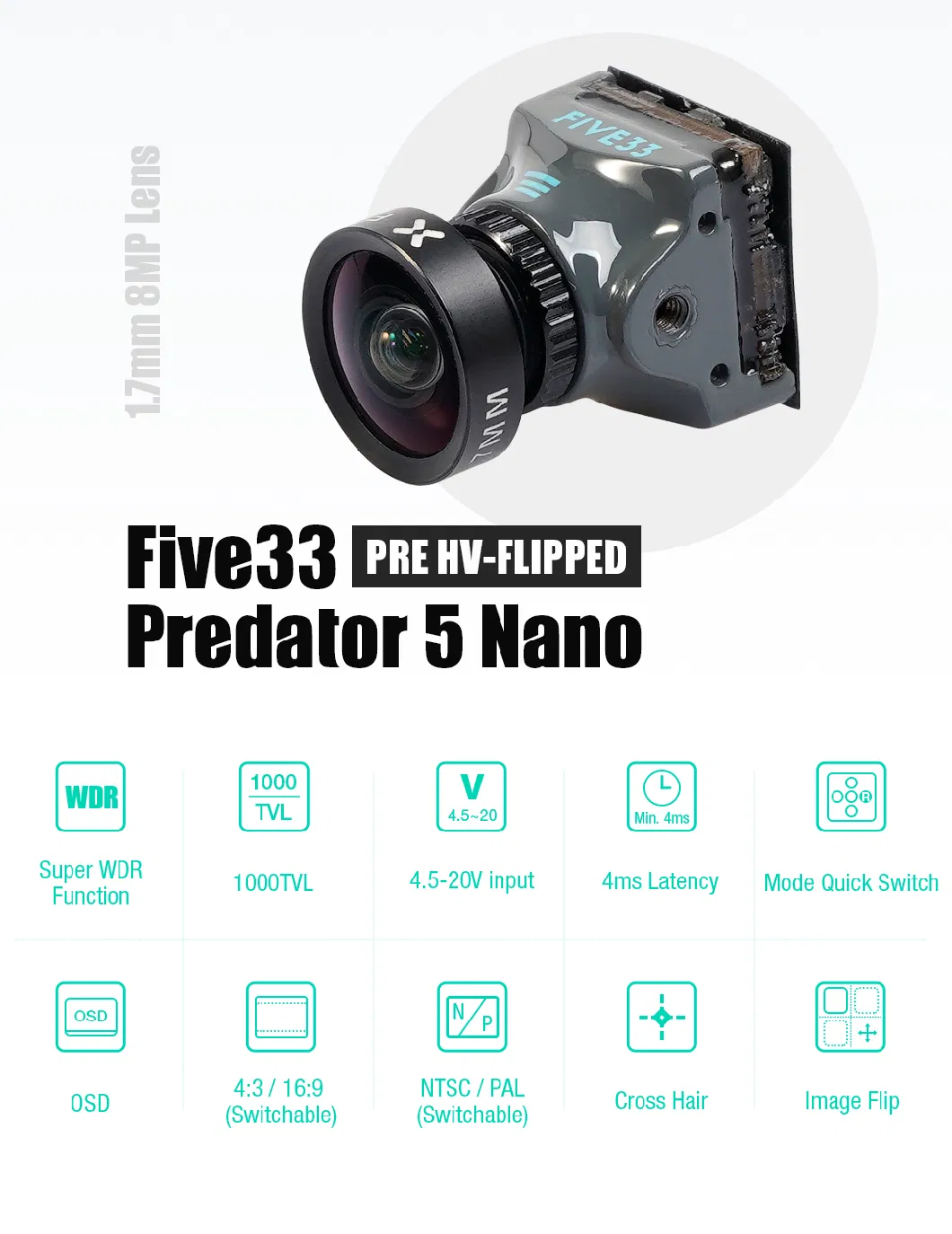 Predator 5 Nano Five33 Fpv Edition Hv Flip NTSC 4: 3/16: 9 PAL/NTSC Switchable Fpv Camera OSD for Fpv Racing Drones