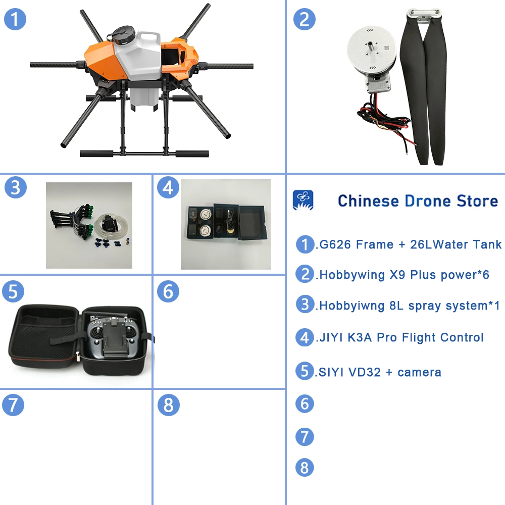 Eft G626 Six-Axis 26L 25kg Agricultural Spray Drone 5L 8L Pump Vd32 T12 H12 K++ K3a with Hobbywing X9 Power System Kit
