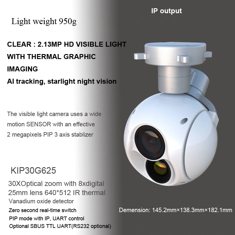 Aviation Alloy Starlight 2MP 640 Thermal 25mm Len Dual Light 8xdigital Zoom with 30X Optical Zoom Ai Tracking Gimbal Camera