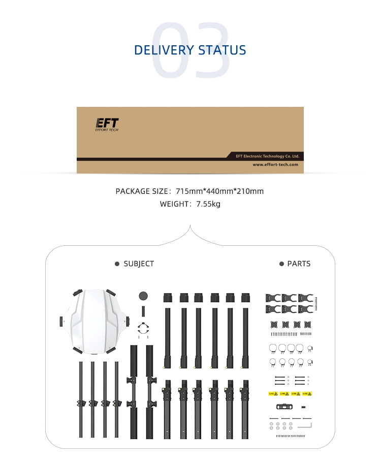 2022 New Eft G610 Four-Axis 10L/Kg Agricultural Spray Drone Carbon Fiber Frame with As150u Plug 10L Water Tank Kit DIY