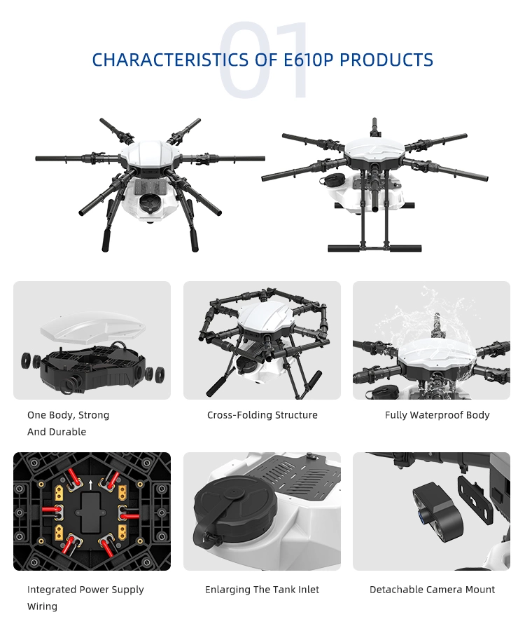 2022 New Eft G610 Four-Axis 10L/Kg Agricultural Spray Drone Carbon Fiber Frame with As150u Plug 10L Water Tank Kit DIY