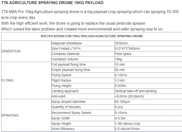 Tta M6e G200 16 Kg Agricultural Spraying Aircraft for Crop Monitoring Crop Drone Sprayer