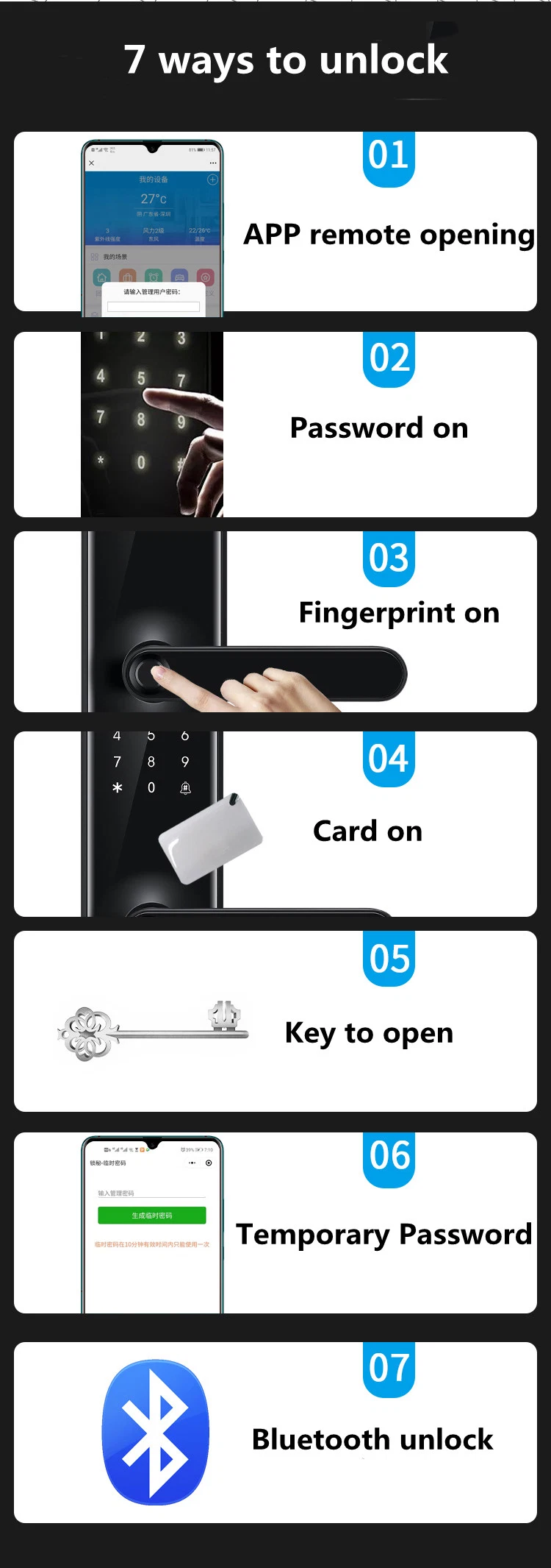 Safe Card Fingerprint Password Digital Phone APP Tuya WiFi Keyless Curved Glass Screen Smart Door Lock