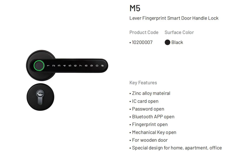 Lever Fingerprint Smart Door Handle Lock Works with Ttlock APP for Wooden Door