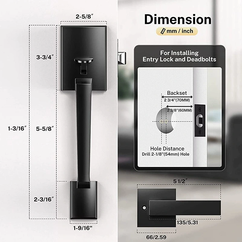 Matt Black Handleset Entry Door Handle Lock Square Single Cylinder Gripset Lower Handle Can Be Used with Smart Locks