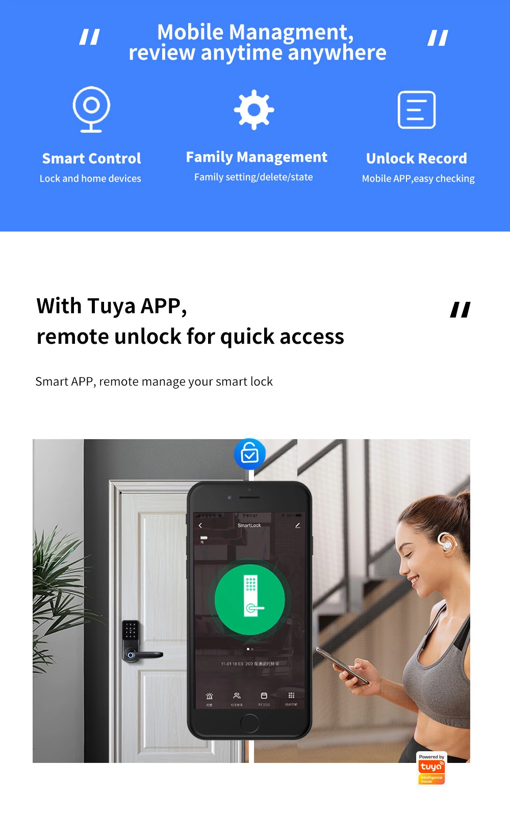 Smart Lock Thumbprint Biometric Intelligent Electronic WiFi Ttlock Tuya Door Lock