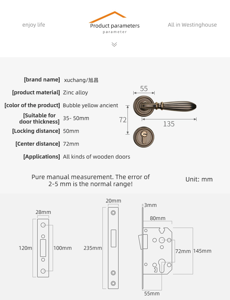 Quality Vintage Easy to Install Lock Pick Key Decoration Hotel Door Handle Zinc Alloy Door Lock