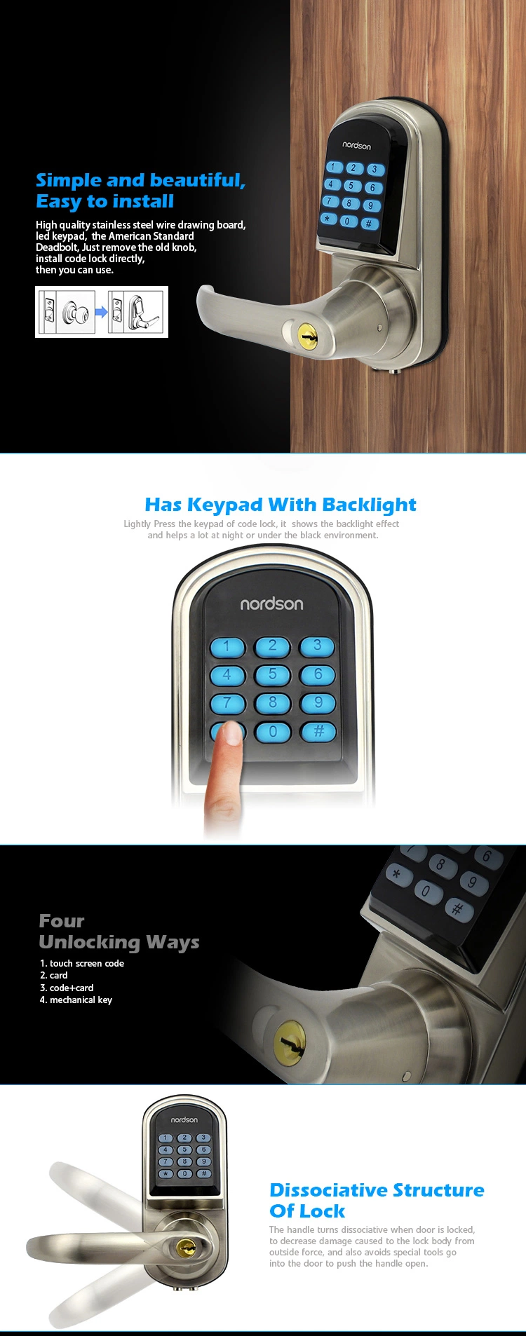 Hotel Home Office Keyless Stainless Steel Security Cylinder RFID Card Digital Keypad Password Safe Electronic Handle Smart Door Lock