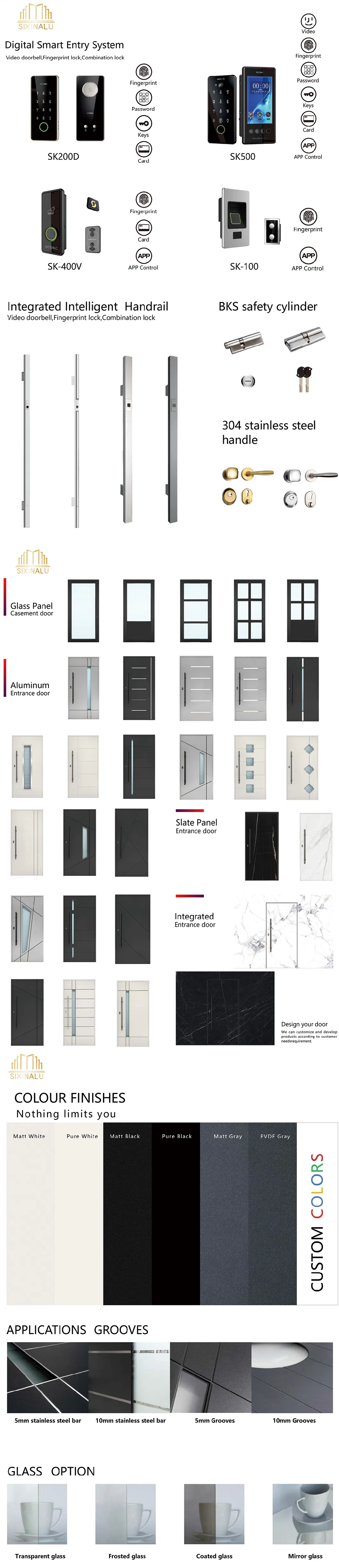 Sixinalu European Style Soundproof Thermal Break Aluminum Panel Security Smart Lock Home Used Main Front Entrance Door