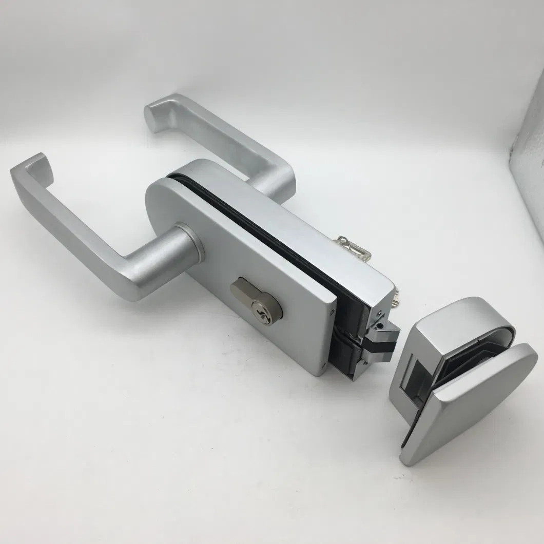 Silver Aluminum Lever Handle Silent Lockcase with Double Open Cylinder Lock for Glass Door