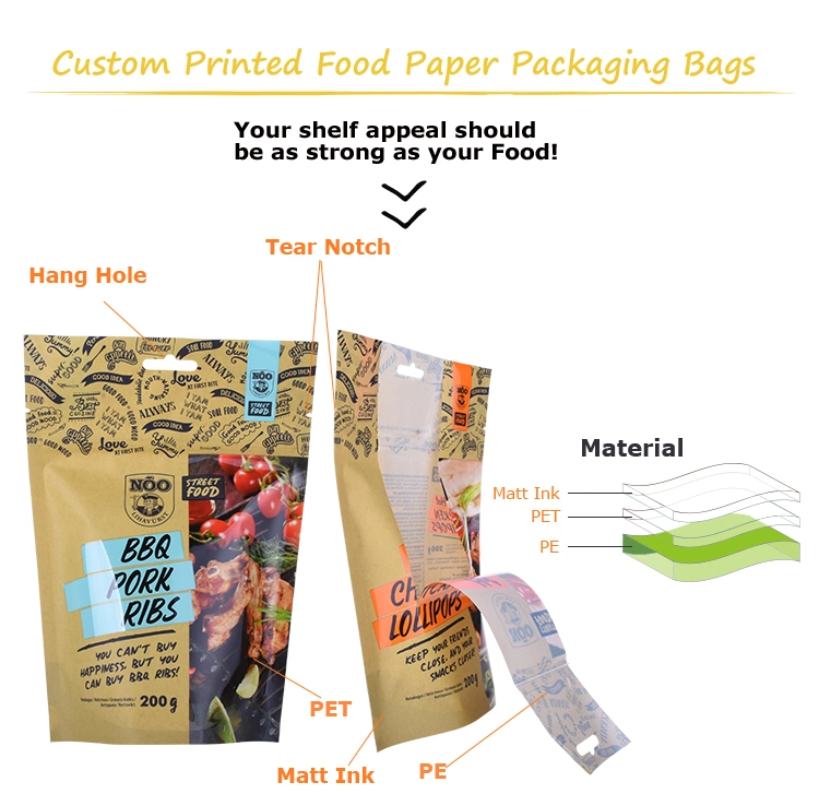 Custom Printed Ziplock Stand up Pouch Biodegradable Bags Kraft Paper Bag Window Design