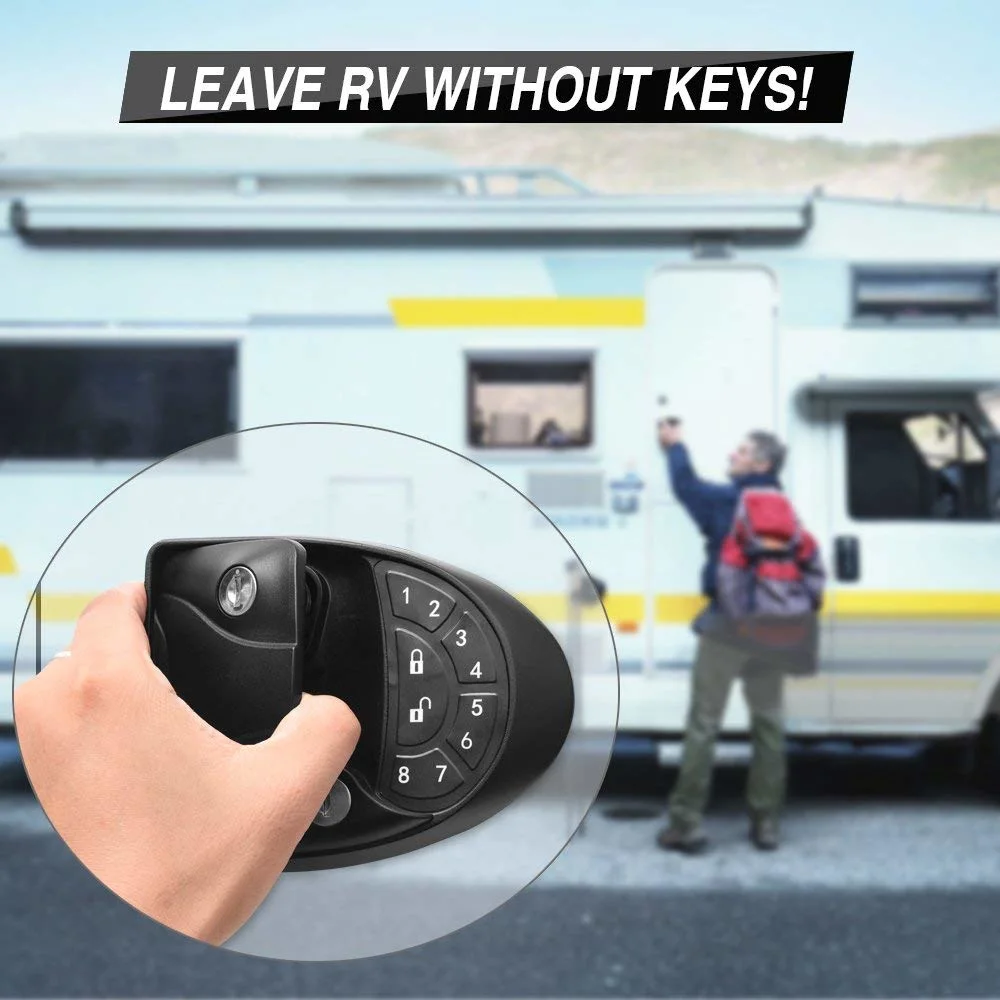 RV Camper Trailer Keyless Entry Door Caravan Lock Latch Handle Knob Deadbolt Black with Advanced Keyless Handle and Integrated Keypad