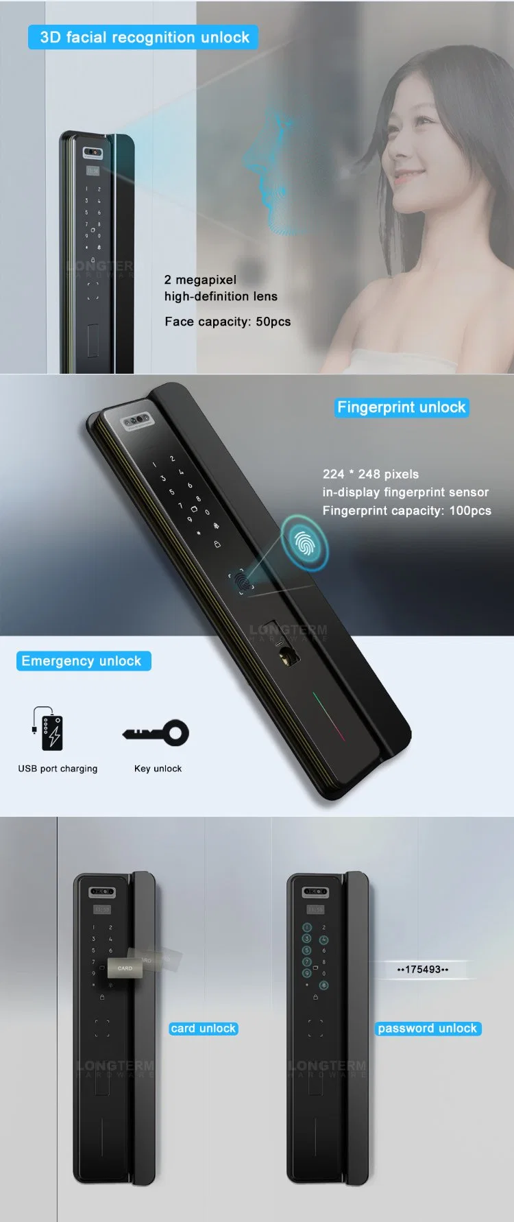 Electronic Security Tuya 3D Face Recognition Card Password Fingerprint Smart Door Lock