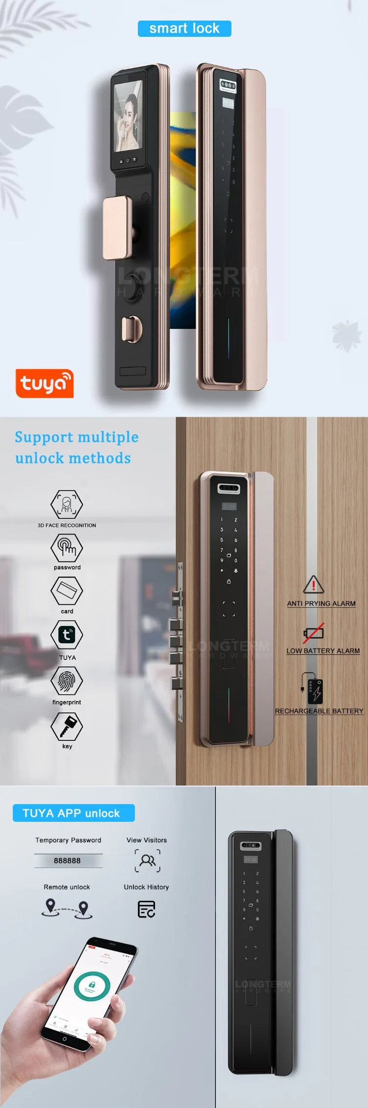 Electronic Security Tuya 3D Face Recognition Card Password Fingerprint Smart Door Lock