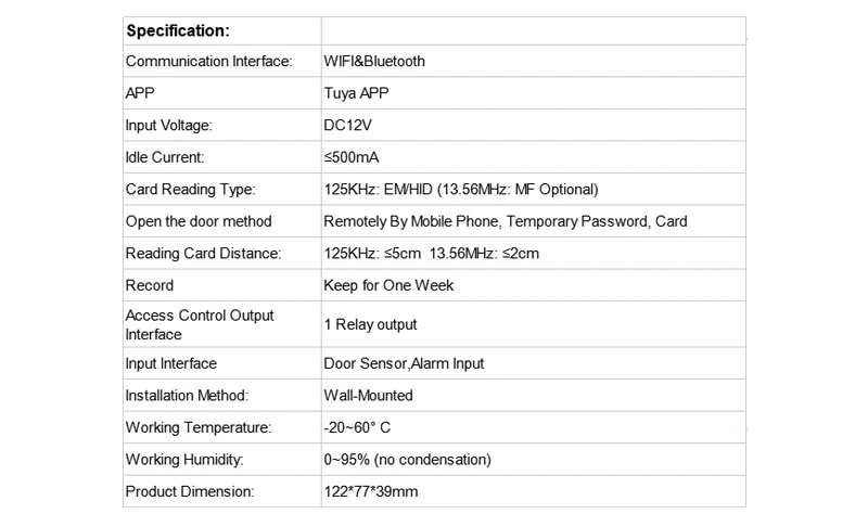 WiFi Smart Phone 125kHz Em ID Card 13.56MHz Touch Keypad RFID Access Control Reader Door Keypad Tuya APP Standalone Door RFID Access Control with System
