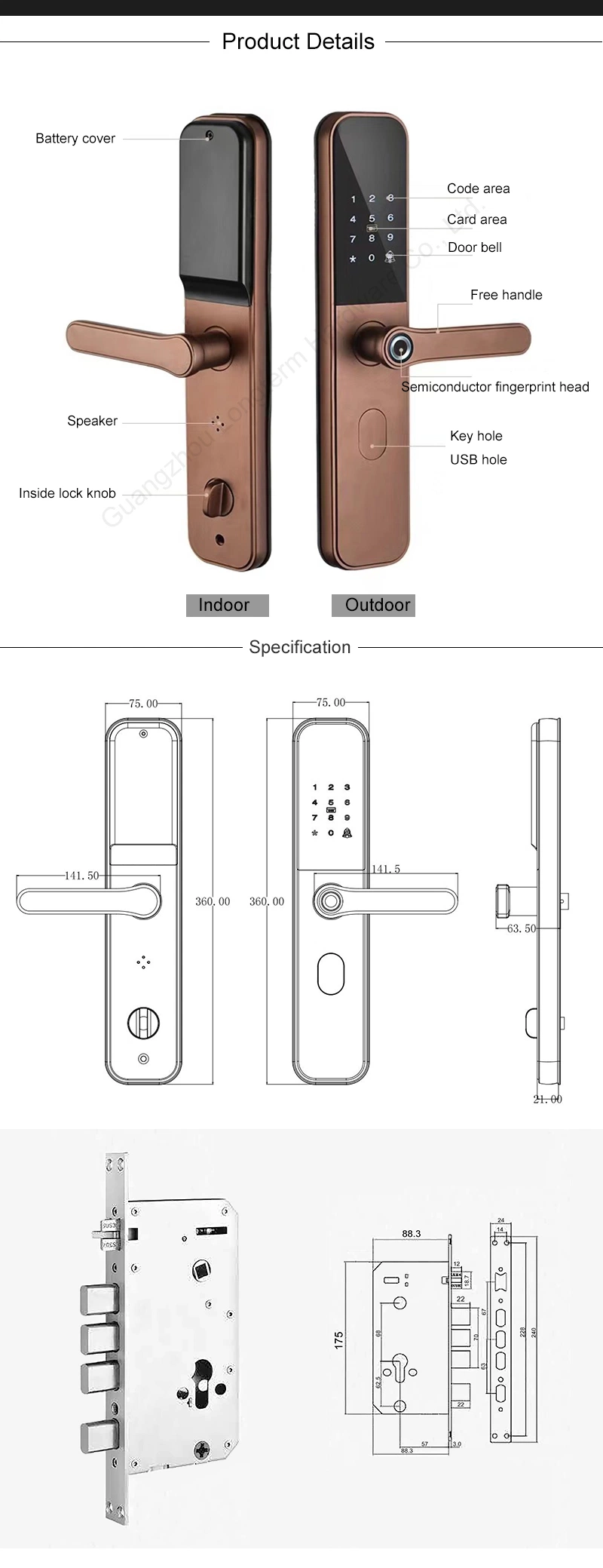 Electronic Intelligent Fingerprint Smart Lock with APP/Card/Key/Code for Home Office