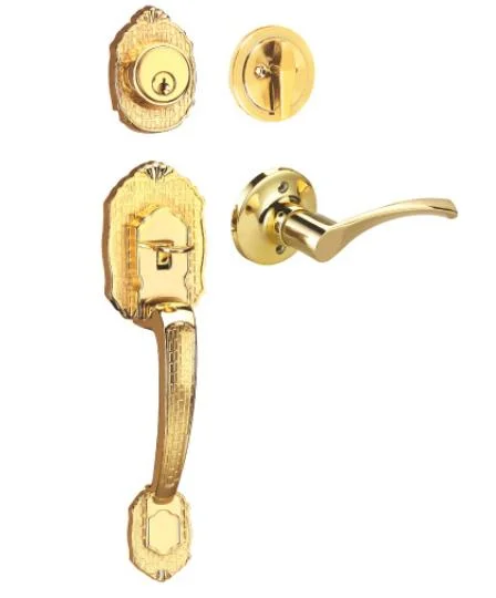 Luxury Type Door Handleset Polished Gold Finish Single Cylinder Classic Front Door Lock with Lever Handle