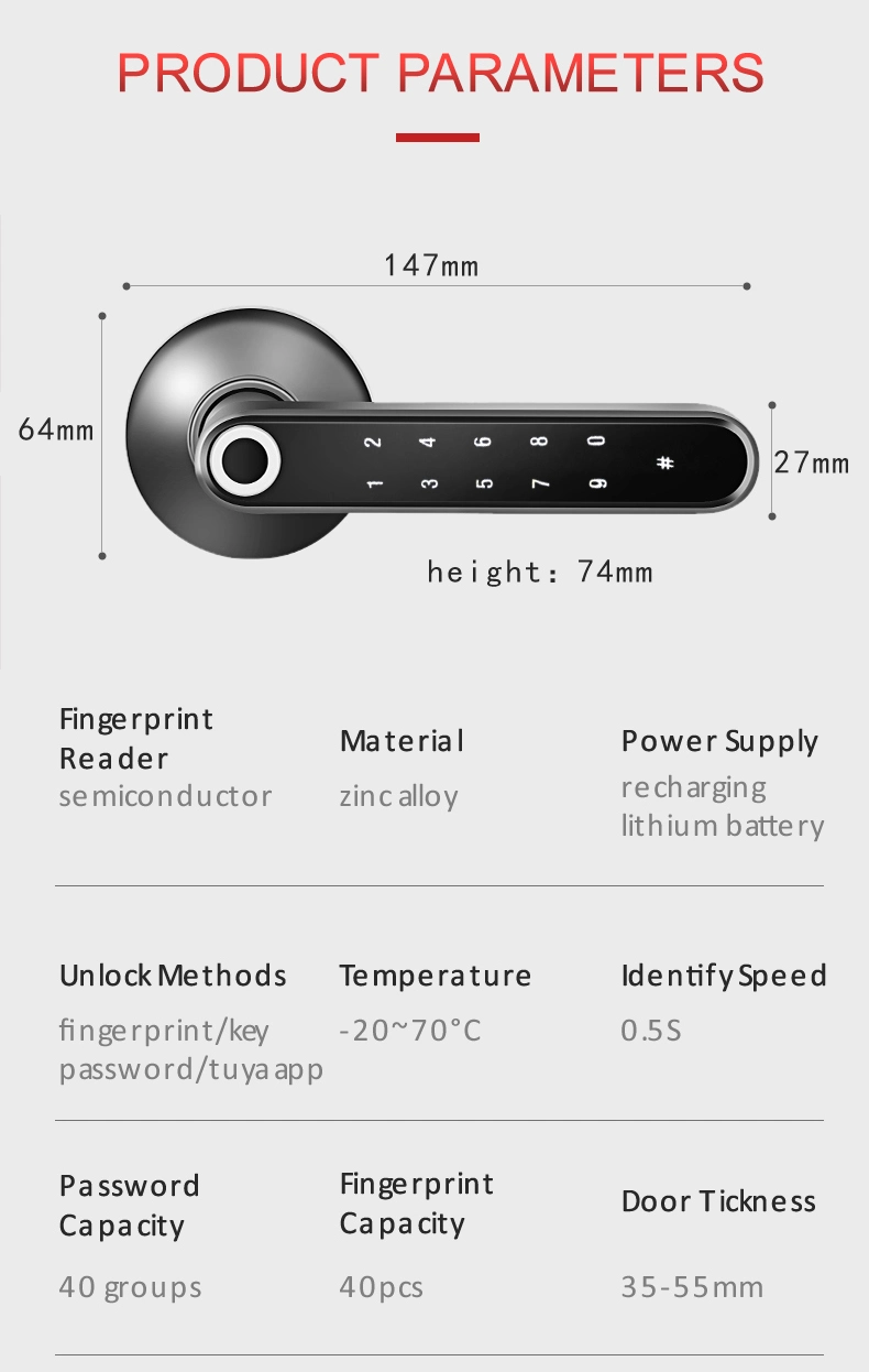 60-70mm Adjustable Latch Fingerprint Password Tuya Bluetooth Key Unlock Wooden Door Smart Lock