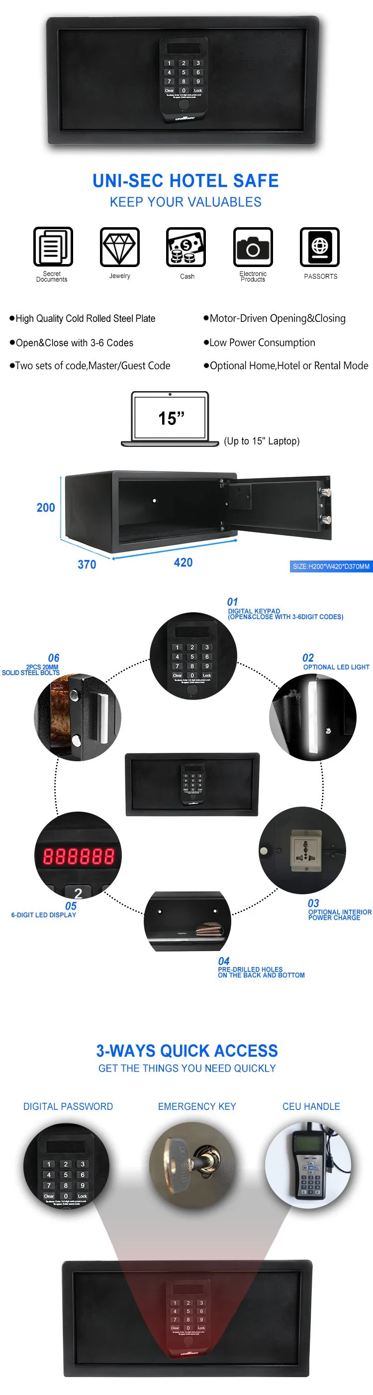 Safe for Hotel	Digital Jewellery Smart Lock Safe Box Security Home Manufacturer in China (USS-2042DFS-B)