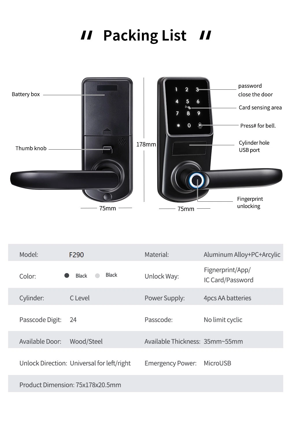 Smart Lock Thumbprint Biometric Intelligent Electronic WiFi Ttlock Tuya Door Lock