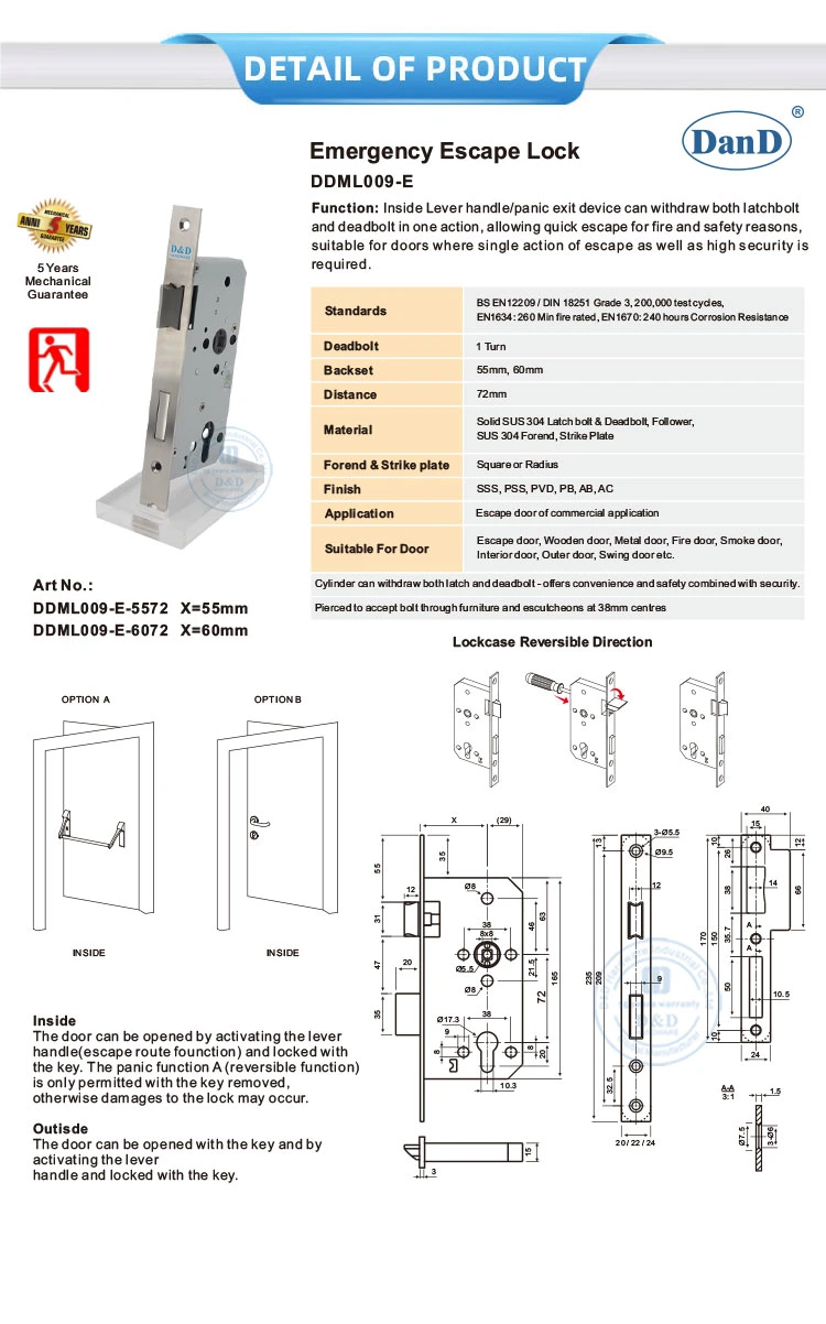 Stainless Steel Safey Door Emergency Escape Mortise Lock for UK Market