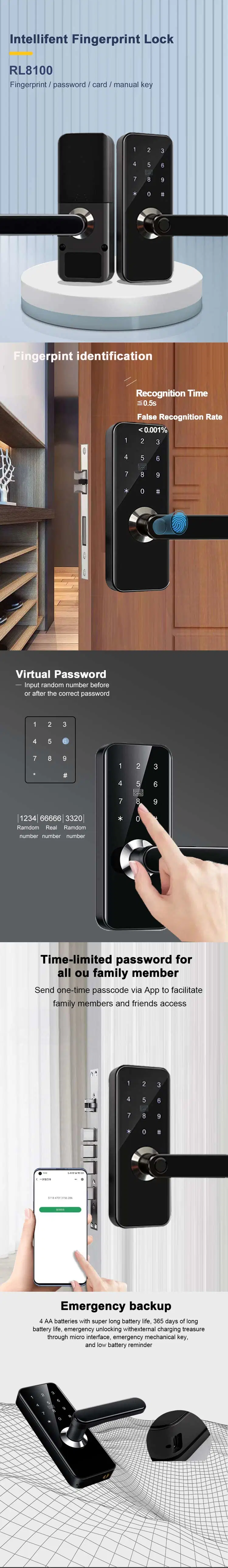 Touch Panel Tuya WiFi APP Smart Door Lock Waterproof Biometric Lock Fingerprint Door Handle Digital Keyless Lock