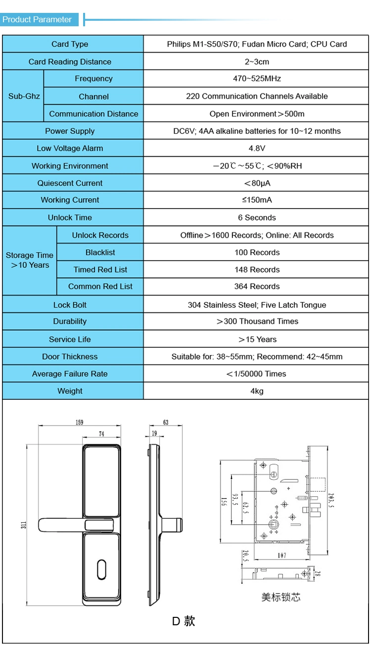 Smart Card Lever Handle Mortise Locks for Hotel/School/Office