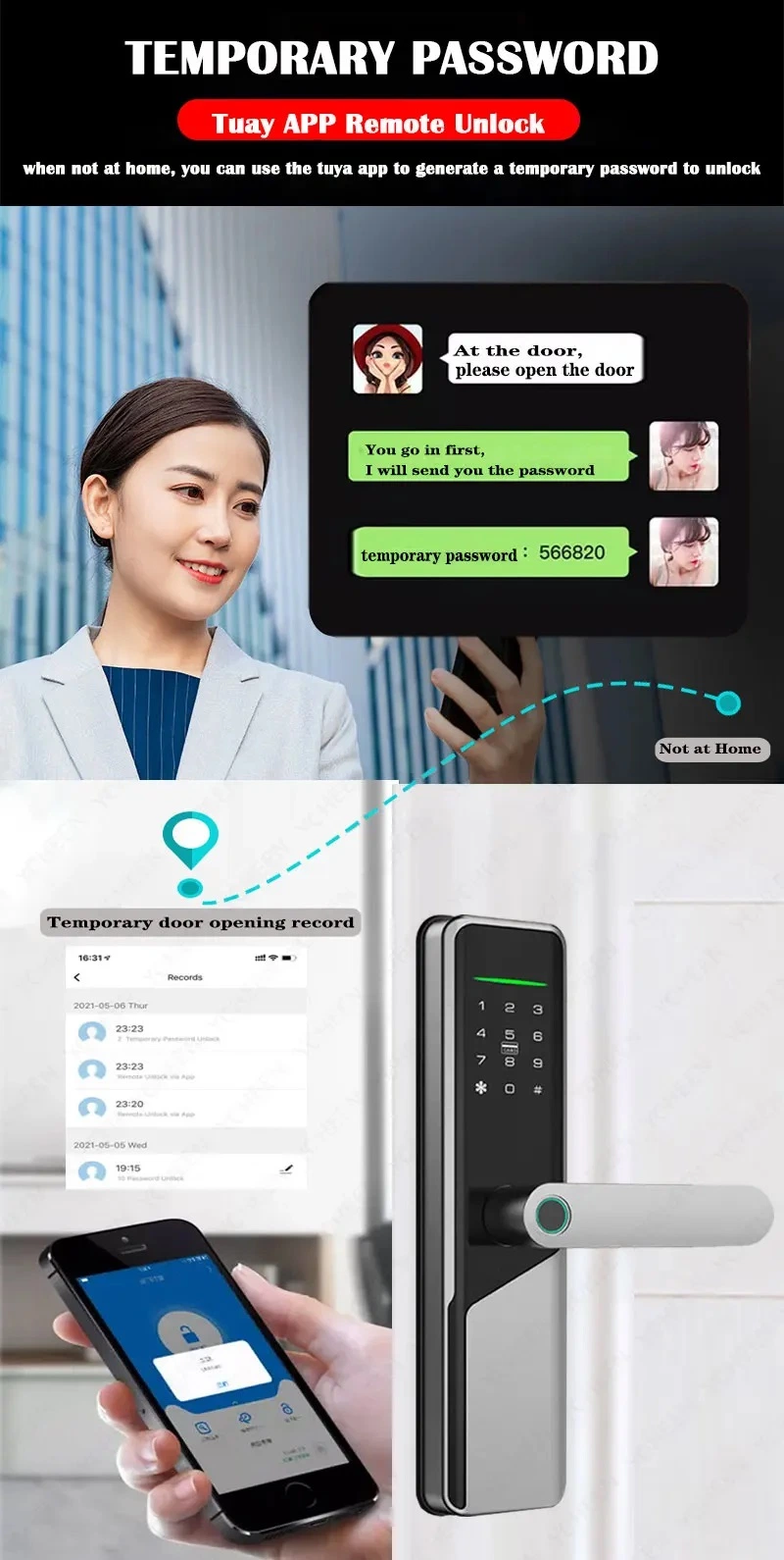 Security Keyless Entry Fingerprint Door Lock WiFi Tuya APP Electronic Keypad