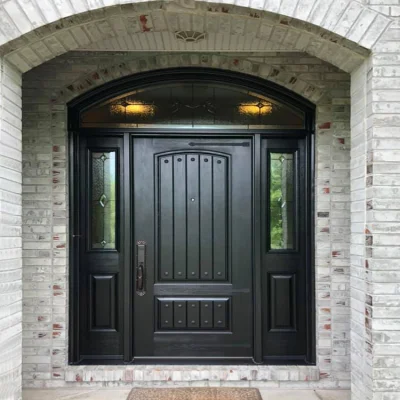 China Foshan Fábrica Exterior Puertas de Madera Maciza de Lujo Dura Puertas Principales de Madera de Teca con Diseños de Puertas Dobles con Vidrio Decorativo.