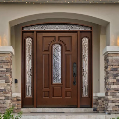 China Foshan Fábrica Exterior Puertas de Madera Maciza de Lujo Dura Puertas Principales de Madera de Teca con Diseños de Puertas Dobles con Vidrio Decorativo.