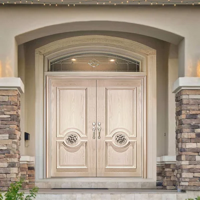 China Foshan Fábrica Exterior Puertas de Madera Maciza de Lujo Dura Puertas Principales de Madera de Teca con Diseños de Puertas Dobles con Vidrio Decorativo.