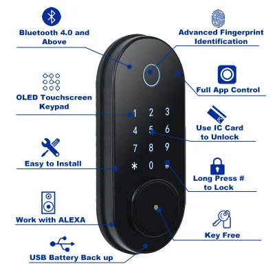 Cerradura de puerta de huella dactilar inteligente, cerradura de puerta de entrada sin llave con mango reversible, teclado de pantalla táctil digital 6 en 1