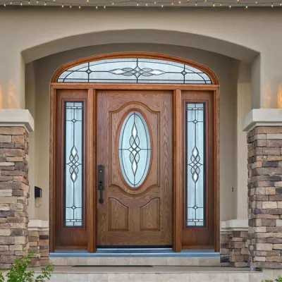 China Foshan Fábrica Exterior Puertas de Madera Maciza de Lujo Dura Puertas Principales de Madera de Teca con Diseños de Puertas Dobles con Vidrio Decorativo.