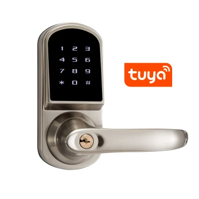 Cerradura inteligente con teclado digital y manija para el baño.