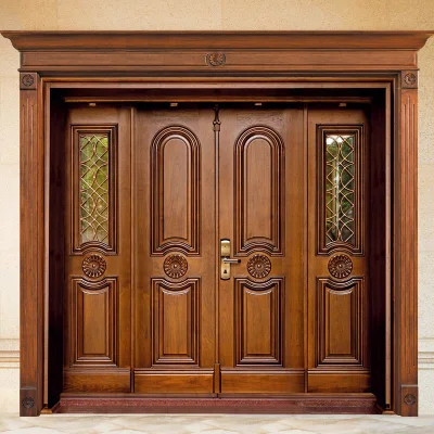 Diseño de puerta principal de madera doble redonda de lujo con ventana de vidrio para protección moderna contra robos.