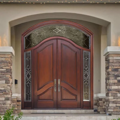 Diseño de puerta principal de madera doble redonda de lujo con ventana de vidrio para protección moderna contra robos.
