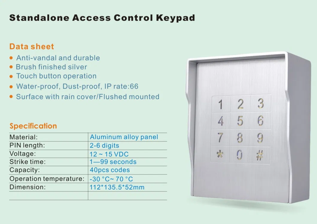 Gooseneck Tunnel Metal Panel Door Control Code Access Touch Button Access Control Keypad