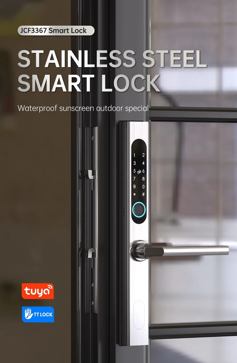 Tuya Smart SUS304 Stainless Steel Door Handle Hardware Keyless WiFi Waterproof Fingerprint Lock for Slim Aluminum Door